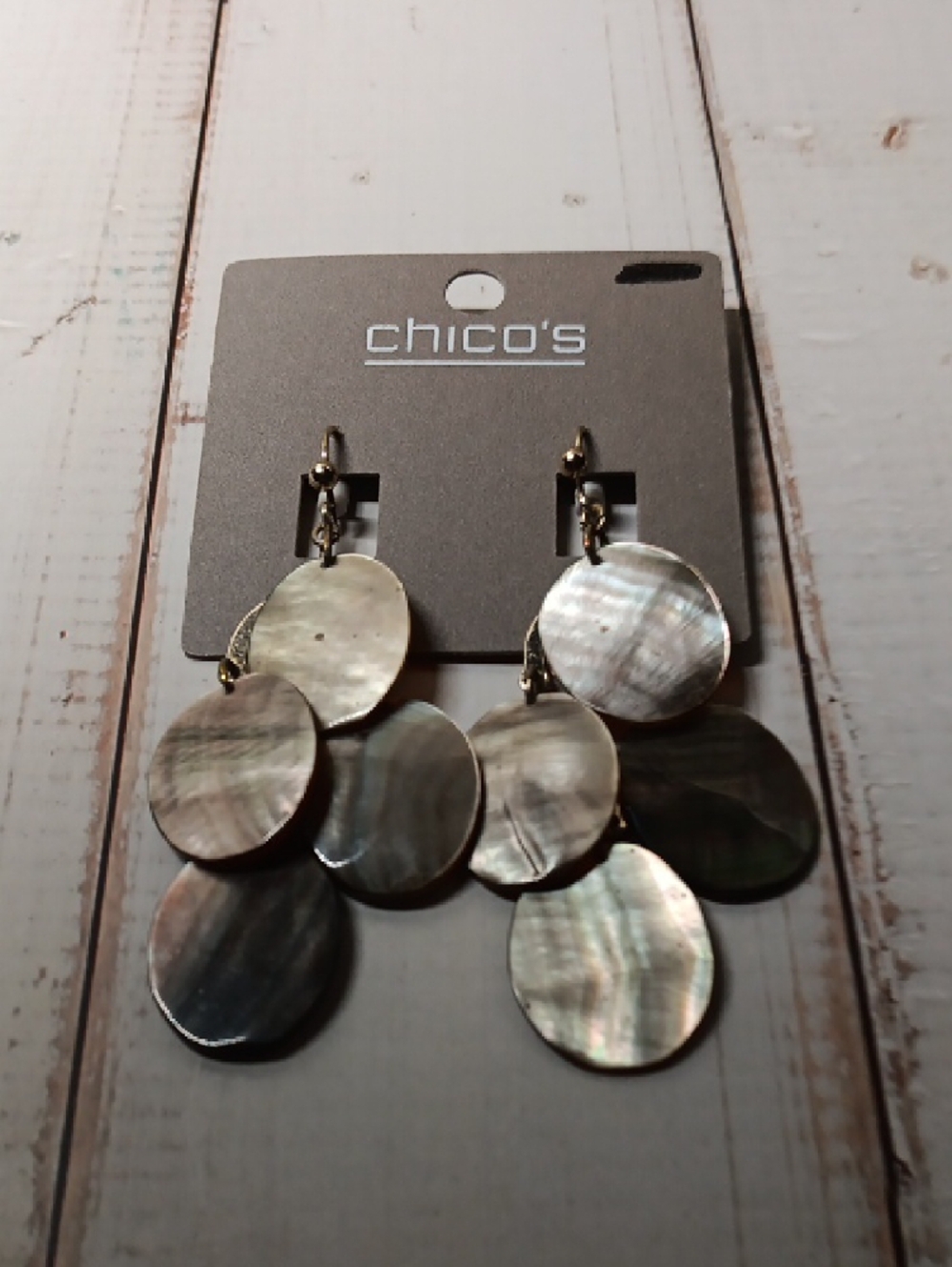 Chico's Iridescent Mother-of-Pearl Disc Drop Earrings with Gold Tone - Picture 2 of 5